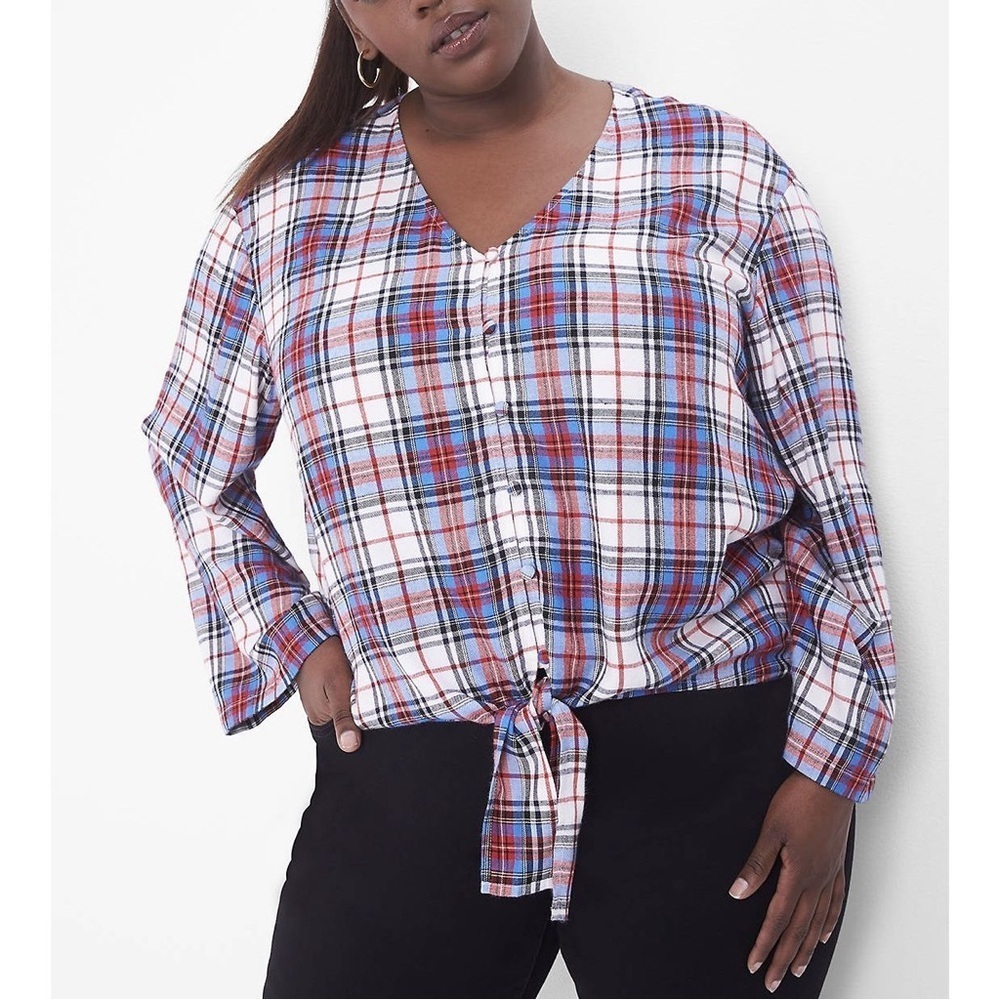 NEW NWT Lane Bryant Soft Flannel Plaid Tie Front Button Down Top Blouse 24 3X